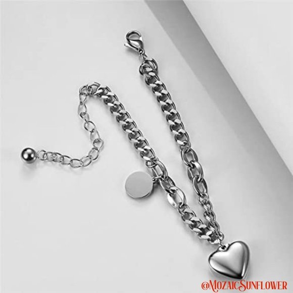 316L Stainless Steel Silver Cuban Chain Heart Charm Bracelet Hypoallergenic NWT - Picture 4 of 5